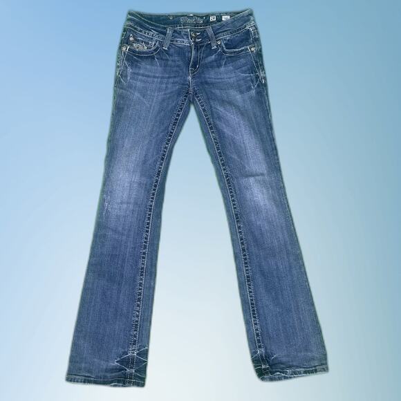 Vintage y2k Miss Me low-rise bootcut embellished rhinestone distressed jeans 28 - Picture 1 of 12